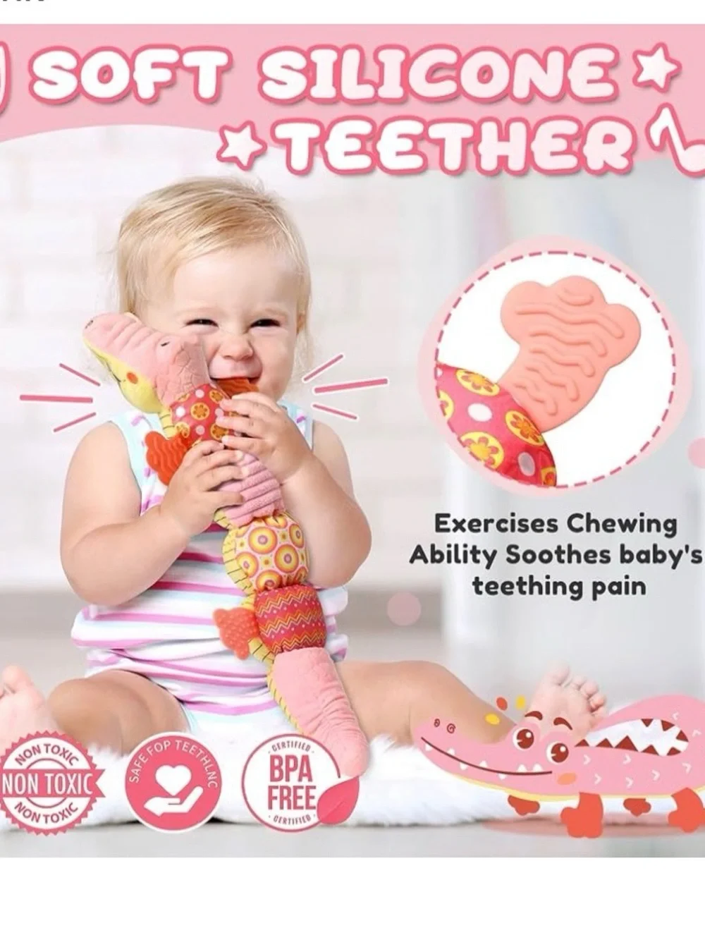 Awotoy Plush Pink Multi-Texture Learning Caterpillar Toy for Kids